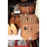 Vintage leather hat box, pair of wooden book stretchers and two wicker fishing creels.