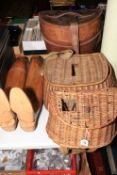 Vintage leather hat box, pair of wooden book stretchers and two wicker fishing creels.