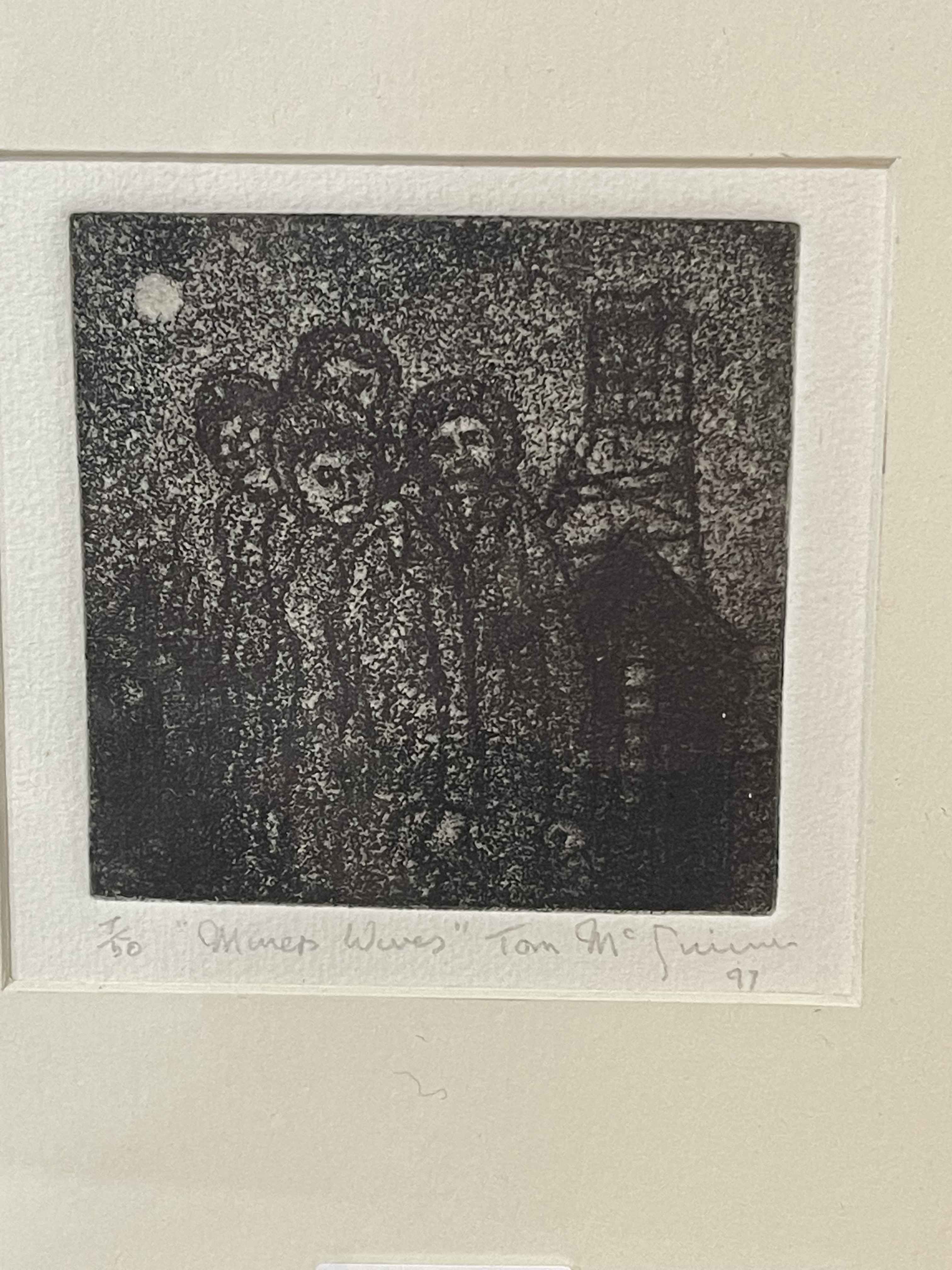 Tom McGuinness limited edition etching, Miners Wives, 7/50, signed, 26cm by 23cm including frame. - Image 2 of 2