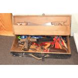 Joiners tool box and tools including two planes, chisels, saws, etc.