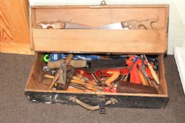 Joiners tool box and tools including two planes, chisels, saws, etc.