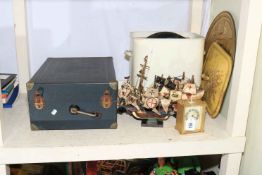 Columbia No 202 table top gramophone player, enamel bin, records, model ships, carriage clock, etc.