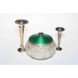 Glass powder bowl with silver and enamelled lid and two silver vases.