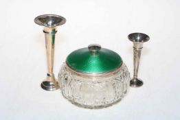 Glass powder bowl with silver and enamelled lid and two silver vases.