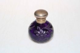 Purple glass perfume bottle with etched floral decoration and silver top, Birmingham 2002.