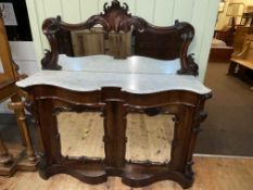 Victorian rosewood mirror backed chiffonier, the shaped marble top above two mirror panelled doors,