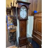 Antique mahogany and chequer inlaid eight day longcase clock having arched painted moon phase dial,