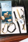 Assorted jewellery including cameo brooches and five ladies wristwatches.