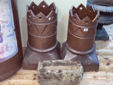Pair salt glazed crown top chimney pots, 54cm, together with a small weathered garden trough,