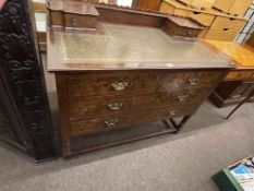 Late Victorian leather topped six drawer writing desk and Victorian carved oak corner wall cabinet