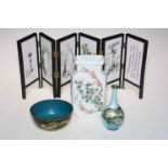 Small Chinese five fold table screen decorated with fauna and verse, pottery vase,