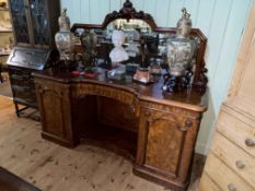 Victorian mahogany mirror backed pedestal sideboard with concave centre, 176cm by 198cm by 66cm.