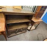Oak canted corner hall table, oak two door cabinet bookcase and inlaid two drawer games table (3).
