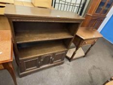 Oak canted corner hall table, oak two door cabinet bookcase and inlaid two drawer games table (3).