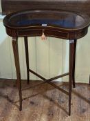 Edwardian mahogany and satinwood banded kidney shaped bijouterie table, 70cm by 61cm by 34cm.