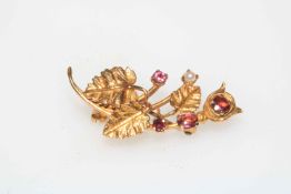 9 carat gold leaf design pearl and gem set brooch.