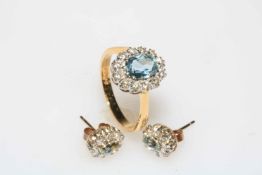 Pair of 18 carat gold, aquamarine and diamond earrings, and matching ring.