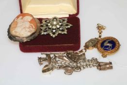 9 carat gold ladies watch with rolled gold bracelet, charm bracelet, cameo brooch,