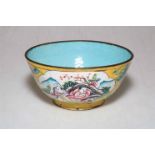 19th Century Chinese enamel bowl decorated with figures, flowers and butterflies.