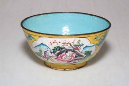 19th Century Chinese enamel bowl decorated with figures, flowers and butterflies.