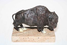 Metal cold painted model of an American Bison on marble stand.