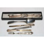 Silver handled knife and fork, two small silver knives and fork, George IV Irish silver spoon,