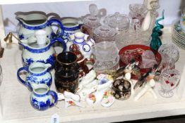 Blue and white porcelain jugs, cut glass, figurines, etc.