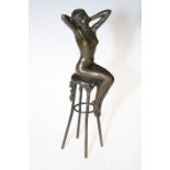 Bronze Chiparus style nude seated on high stool, 26cm.