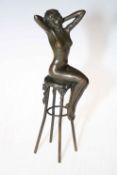 Bronze Chiparus style nude seated on high stool, 26cm.