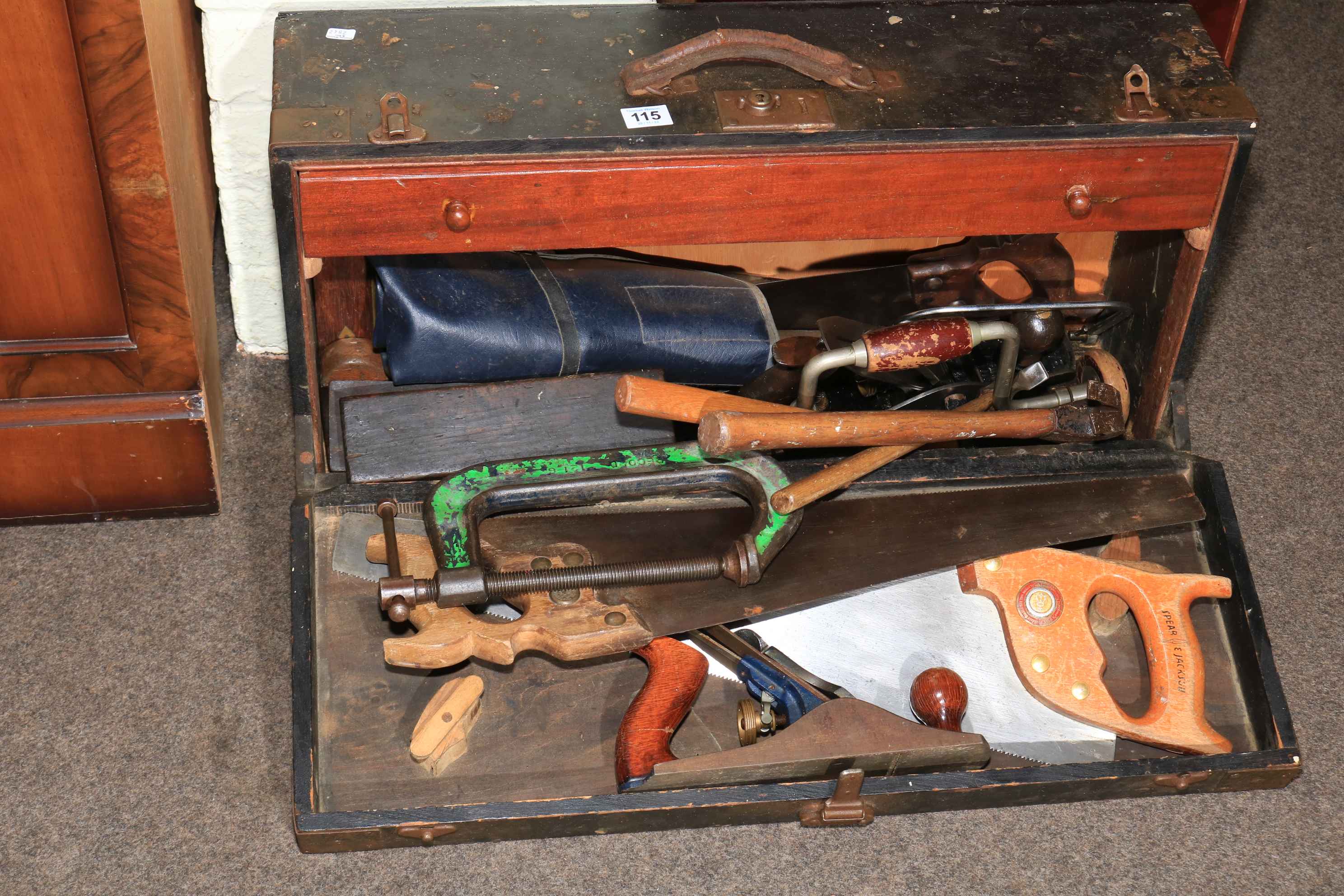 Joiners tool box and tools including record plane, clamps, chisels, etc.