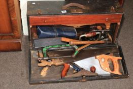 Joiners tool box and tools including record plane, clamps, chisels, etc.