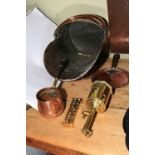 Copper coal scuttle, warming tray and pan, brass spit, etc.