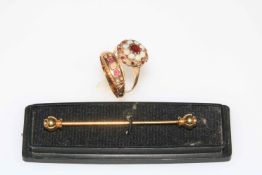 9 carat gold, opal and ruby ring and 15 carat gold ring and tie pin.