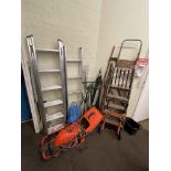 Little used aluminium triple extending ladder, aluminium loft ladder, two pairs wooden steps,