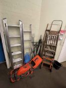 Little used aluminium triple extending ladder, aluminium loft ladder, two pairs wooden steps,