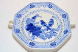 Chinese blue and white painted octagonal plate warmer decorated with two finches on branch.