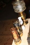 Two Beamish mahogany drift miners lamps, brass oil lamp and small lamp.