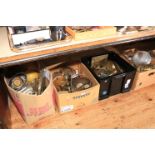 Four boxes of metalwares including oil lamp, scuttles, jugs, trays, etc.