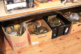Four boxes of metalwares including oil lamp, scuttles, jugs, trays, etc.
