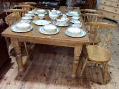 Pine farmhouse style table in turned legs, 78cm by 103cm by 185cm,
