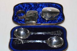 Pair of cased Victorian silver spoons, London 1898, silver ring box,