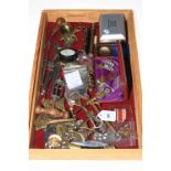 Tray of collectables including corkscrews, enamel badges, medal, medallions, etc.