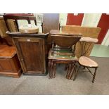 Victorian oak corner wall cabinet, woolwork footstool, oak drop leaf coffee table,