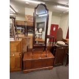 Cherrywood blanket box, cheval mirror and step stool (3).