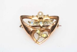 9 carat gold seed pearl and enamel brooch, boxed.