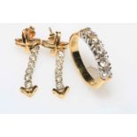 18 carat gold five stone diamond ring and pair of matching six stone diamond drop earrings,
