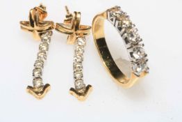 18 carat gold five stone diamond ring and pair of matching six stone diamond drop earrings,