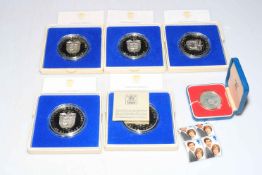 Five 1974 Panama 20 Balboas Franklin Mint silver proof coins and a Royal Mint 1977 Jubilee silver.