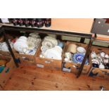 Five boxes of porcelain including early decorated pottery, Coalport, cakestands, part tea wares,