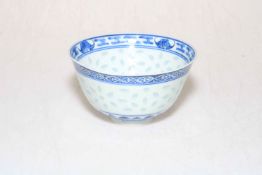Blue and white Chinese bowl having circling bats to the inner rim with four character mark to base.